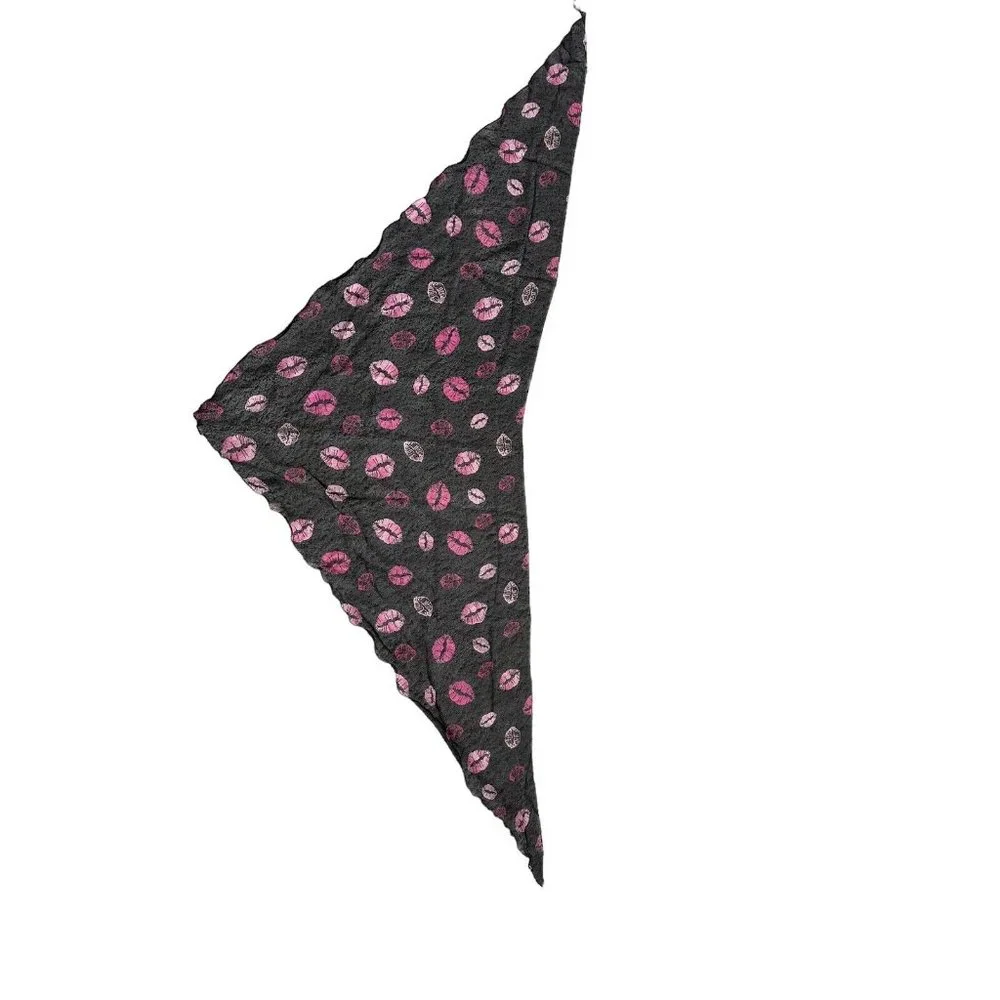 Vintage Scarf, Shawl, Wrap Black Polyester With Pink Lip Prints 72”x48”
